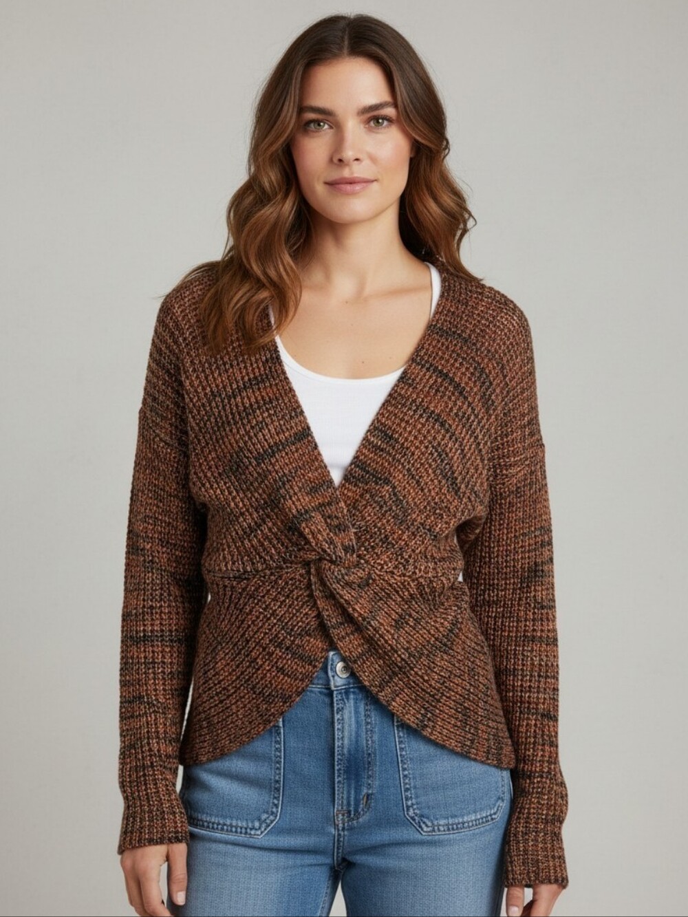 Planet Gold Twist Front Knit Sweater Small Brown Green V Neck